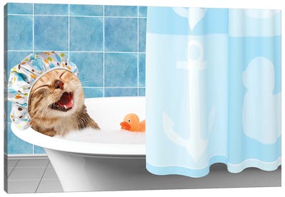 Funny Cat Is Taking A Bath With Toy Duck. Canvas Art Print