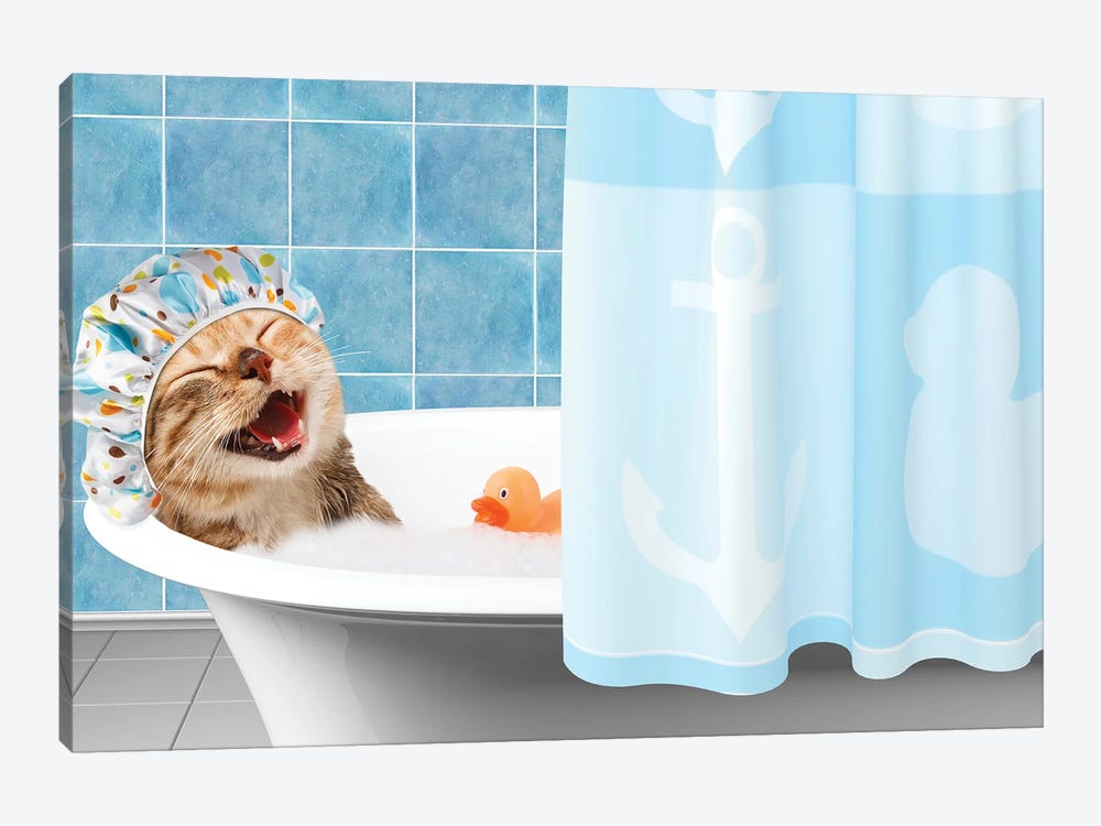Funny Cat Is Taking A Bath With Toy Duck by funny cats 1-piece Canvas Print
