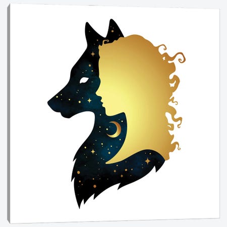 Silhouette Of Beautiful Woman With Shadow Of Wolf With Crescent Moon And Stars Isolated Canvas Print #DPT654} by Croisy Canvas Art Print