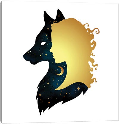 Silhouette Of Beautiful Woman With Shadow Of Wolf With Crescent Moon And Stars Isolated Canvas Art Print