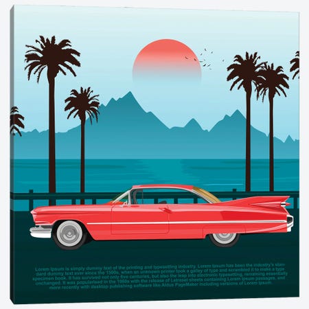 Red Retro Car On Road Near Blue Sea Or Ocean With Palm Trees And Mountains Canvas Print #DPT656} by flint01 Canvas Art Print