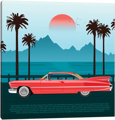 Red Retro Car On Road Near Blue Sea Or Ocean With Palm Trees And Mountains Canvas Art Print