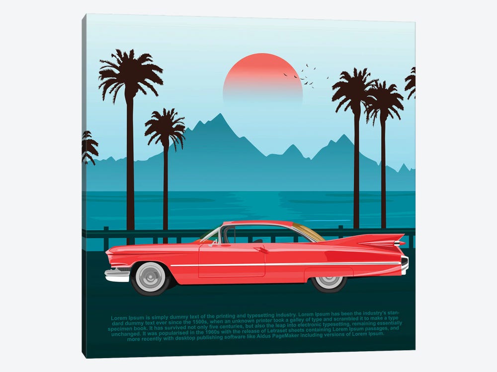 Red Retro Car On Road Near Blue Sea Or Ocean With Palm Trees And Mountains by flint01 1-piece Canvas Wall Art