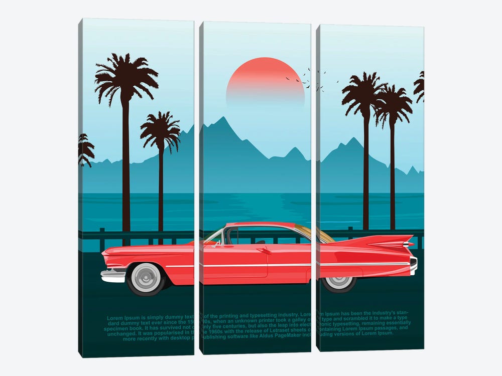 Red Retro Car On Road Near Blue Sea Or Ocean With Palm Trees And Mountains by flint01 3-piece Canvas Artwork