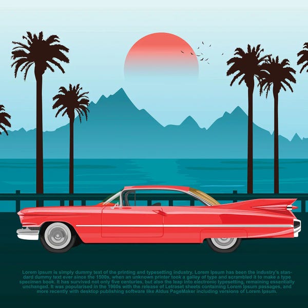 DepositPhotos: Red Retro Car On Road Near Blue Sea Or Ocean With Palm Trees And Mountains by flint01