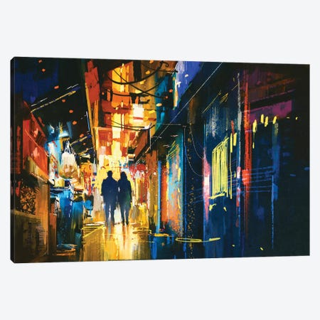 Couple Walking In Alley With Colorful Lights Canvas Print #DPT661} by grandfailure Canvas Print