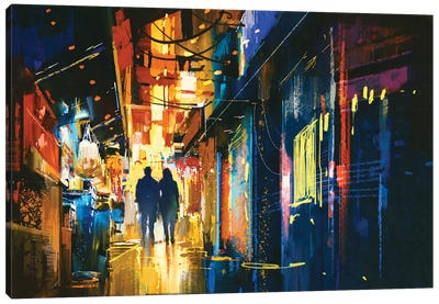 Couple Walking In Alley With Colorful Lights Canvas Art Print
