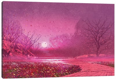 Fantasy Landscape With Pink Magical Leaves Canvas Art Print