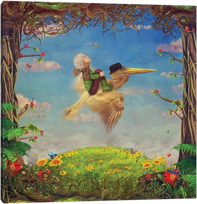 Beautiful Woodland Scene With Little Boy And Brown Pelican In Sky Canvas Art Print