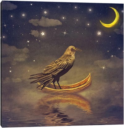 Black Raven In A Boat At The River Magical Night, Illustration Art Canvas Art Print