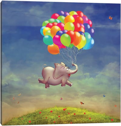 Cute Illustration Of A Flying Elephant With Balloons In The Sky Canvas Art Print
