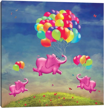 Cute Illustration Of Flying Elephants With Balloons In The Sky Canvas Art Print