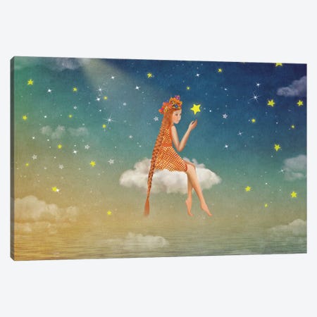 Illustration Of A Cute Girl Sitting On The Moon In Night Sky Canvas Print #DPT702} by natamc Canvas Art