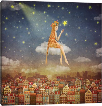 Illustration Of Cute Houses With A Little Girl On Clouds In Night Sky Canvas Art Print