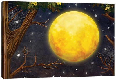 Illustration Of Trees And Full Moon With Stars At Night Sky Canvas Art Print