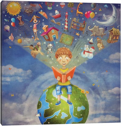 Little Boy Sitting On The Planet And Reading Book, Objects Fly Canvas Art Print