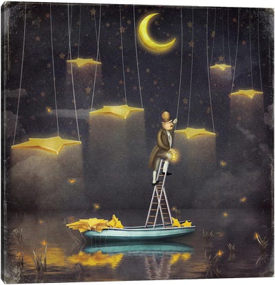 Man Reaching For Stars At Top Of Tall Ladder Canvas Art Print