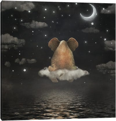 Sad Elephant Sitting On Cloud In Night Sky Canvas Art Print