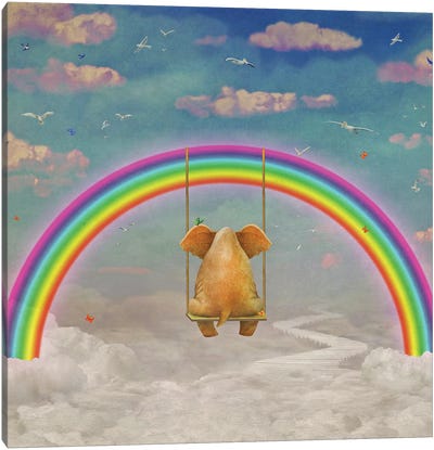Sad Ephant Sitting On A Swing In Sky, Illustration Art Canvas Art Print - Animal Collection