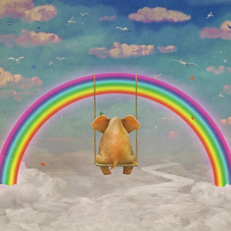 Sad Ephant Sitting On A Swing In Sky, Illustration Art by natamc wall art