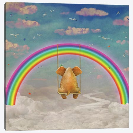 Sad Ephant Sitting On A Swing In Sky, Illustration Art Canvas Print #DPT712} by natamc Canvas Art Print