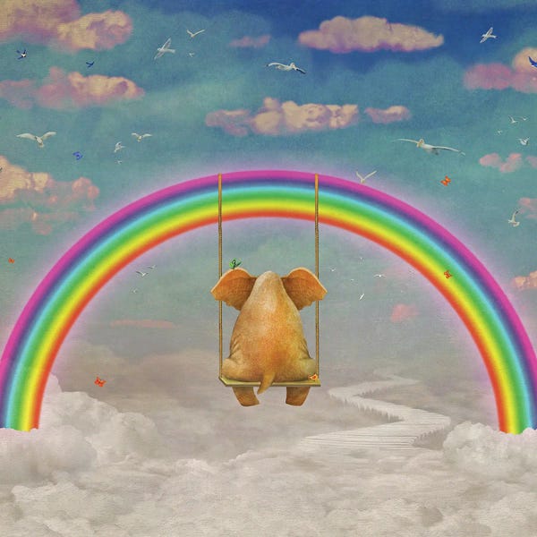 Sad Ephant Sitting On A Swing In Sky, Illustration Art