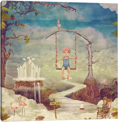Small Boy On A Swing In Sky . City Of Children On Fantastic Clouds Canvas Art Print