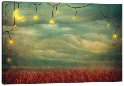 Stars And Moon On The Rope, Grunge Background Canvas Art Print