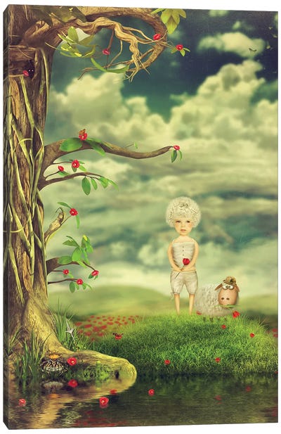 The Boy And Sheep On A Glade Collect Flowers Canvas Art Print