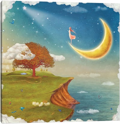 The Girl Admires The Night Stars Sky Canvas Art Print - Crescent Moon Art