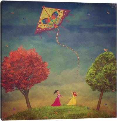 Young Girls Among Trees On The Field With The Kite Canvas Art Print