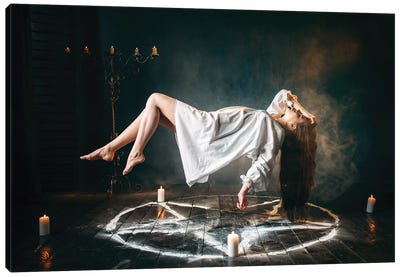 Young Woman In White Shirt Flying Over Pentagram Circle, Gark Magic, Sacrificial Ritual Canvas Art Print