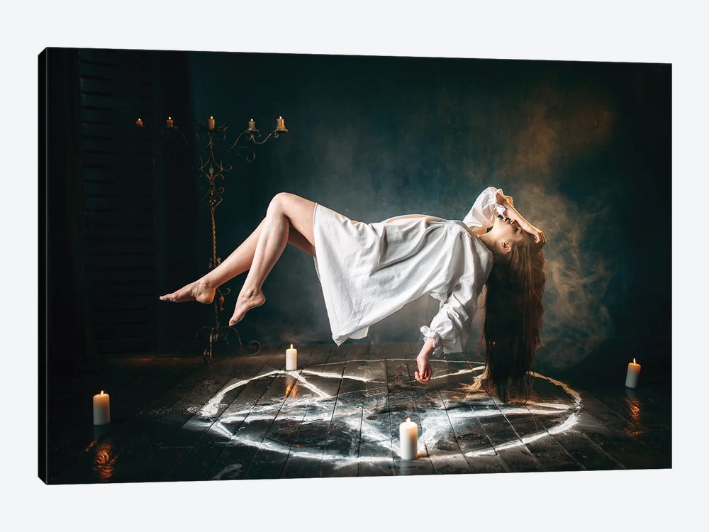 Young Woman In White Shirt Flying Over Pentagram Circle, Gark Magic, Sacrificial Ritual by Nomadsoul1 1-piece Art Print