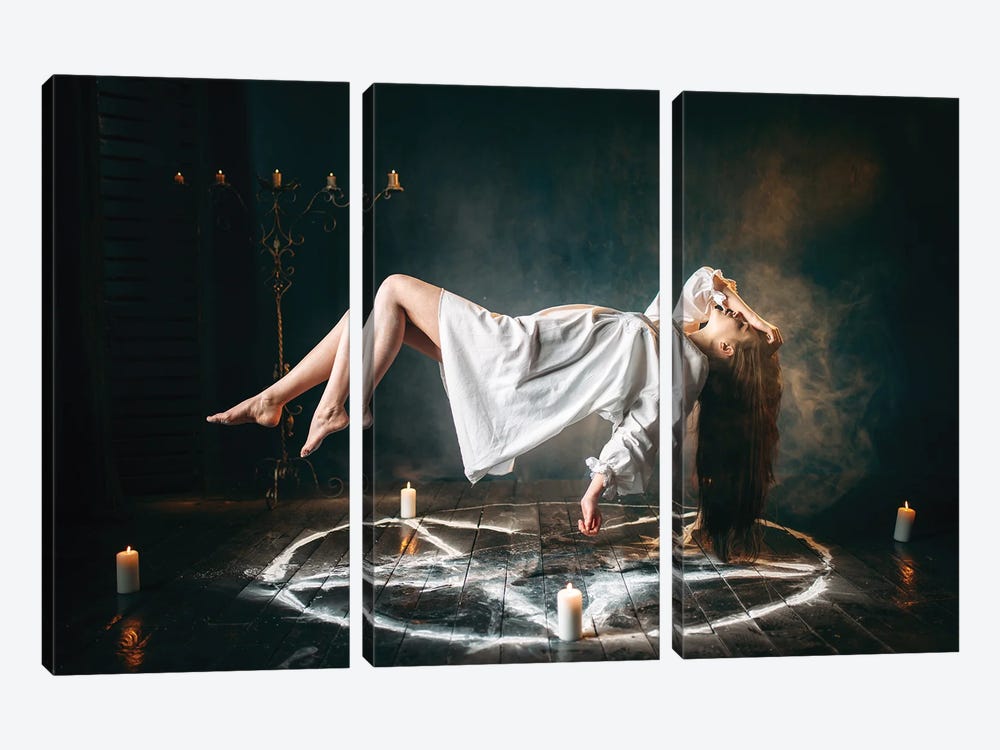 Young Woman In White Shirt Flying Over Pentagram Circle, Gark Magic, Sacrificial Ritual by Nomadsoul1 3-piece Art Print