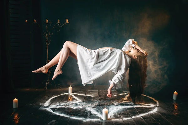 Witches: Young Woman In White Shirt Flying Over Pentagram Circle, Gark Magic, Sacrificial Ritual by Nomadsoul1