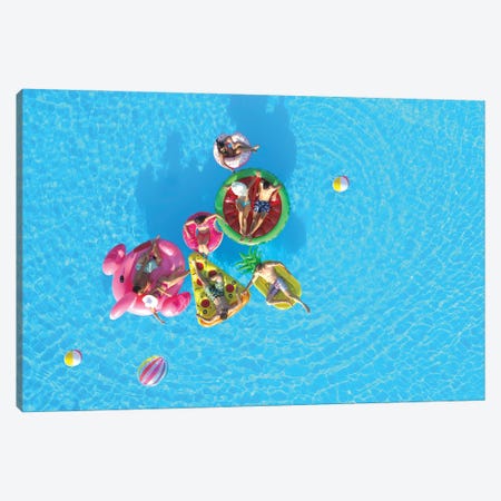 Cheerful Girls And Guys Playing With Ball On Colorful Floaties In Pool Canvas Print #DPT729} by Prostock Canvas Art