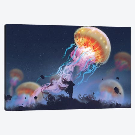 Girl Looking At Giant Jellyfish Floating In The Sky Canvas Print #DPT73} by grandfailure Art Print