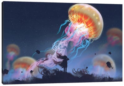Girl Looking At Giant Jellyfish Floating In The Sky Canvas Art Print - Animal Collection