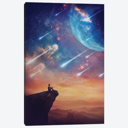 Lone Person On The Peak Of A Cliff Admiring A Wonderful Space Phenomenon Canvas Print #DPT740} by psychoshadow Canvas Artwork