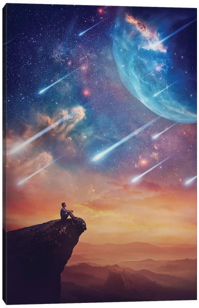 Lone Person On The Peak Of A Cliff Admiring A Wonderful Space Phenomenon Canvas Art Print - Sci-Fi Planet Art