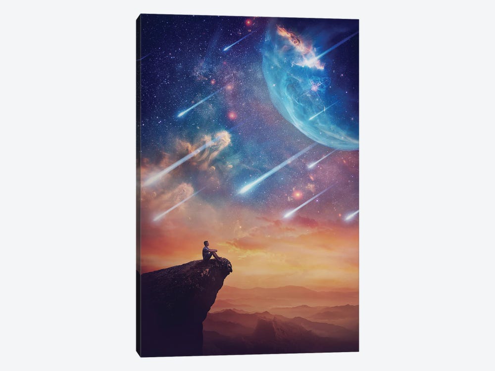 Lone Person On The Peak Of A Cliff Admiring A Wonderful Space Phenomenon by psychoshadow 1-piece Canvas Art