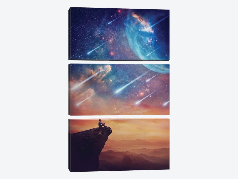 Lone Person On The Peak Of A Cliff Admiring A Wonderful Space Phenomenon by psychoshadow 3-piece Canvas Artwork
