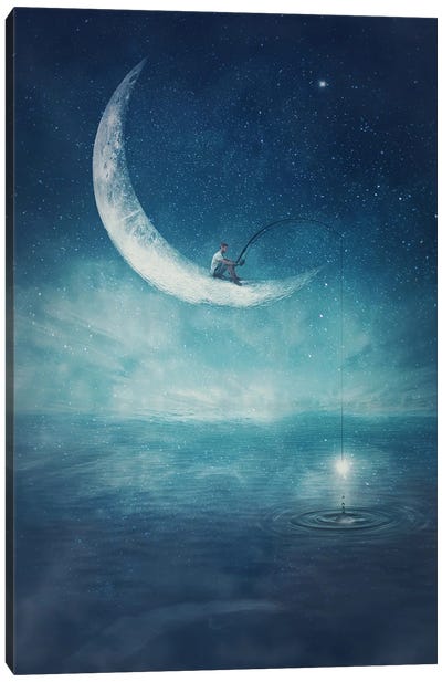 Surreal Scene With A Boy Fishing For Stars, Seated On A Crescent Moon With A Rod In His Hands Canvas Art Print - Star Art