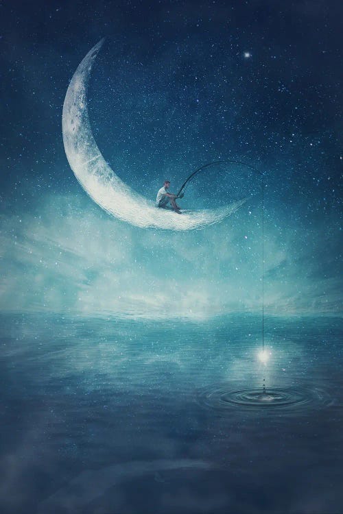 Surreal Scene With A Boy Fishing For Stars, Seated On A Crescent Moon With A Rod In His Hands