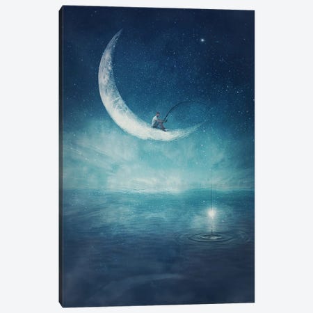 Surreal Scene With A Boy Fishing For Stars, Seated On A Crescent Moon With A Rod In His Hands Canvas Print #DPT746} by psychoshadow Art Print