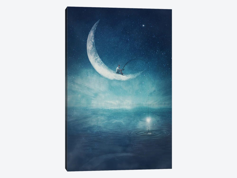 Surreal Scene With A Boy Fishing For Stars, Seated On A Crescent Moon With A Rod In His Hands by psychoshadow 1-piece Canvas Art