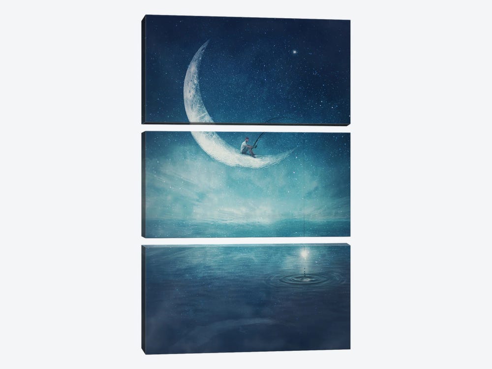 Surreal Scene With A Boy Fishing For Stars, Seated On A Crescent Moon With A Rod In His Hands by psychoshadow 3-piece Canvas Art