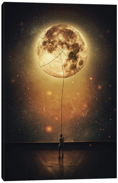 Surreal Scene With A Person Stealing Moon From The Night Sky Canvas Art Print - Night Sky Art