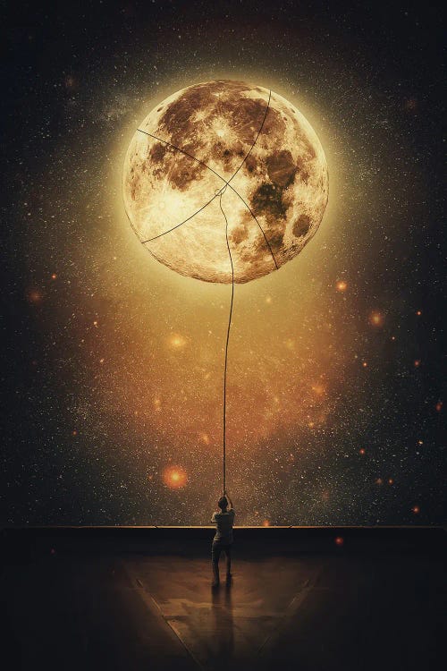 Surreal Scene With A Person Stealing Moon From The Night Sky