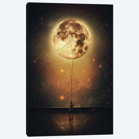 Surreal Scene With A Person Stealing Moon From The Night Sky Canvas Print #DPT747} by psychoshadow Canvas Art Print